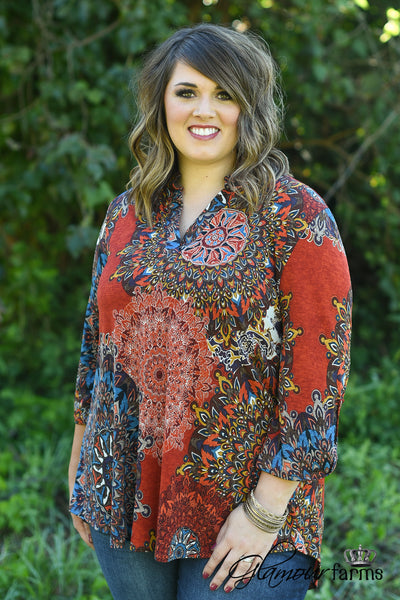 Curvy| Gabby Floral Top - Rust