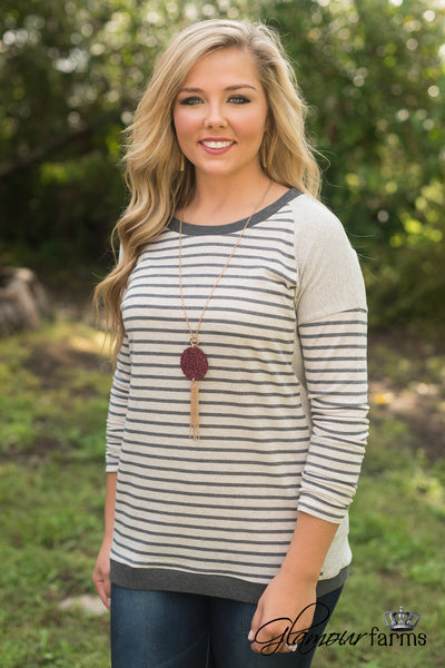 Stay Awhile Striped Top - Gray/Oatmeal