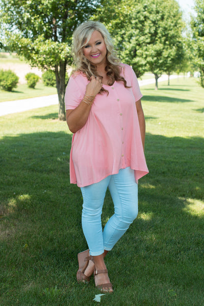 *1 LEFT - 1XL* Curvy| Angela Button Top/Tunic - Light Coral