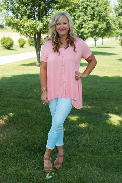 *1 LEFT - 1XL* Curvy| Angela Button Top/Tunic - Light Coral