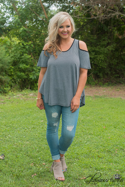 Curvy| Between You And Me Striped Top - Gray/Black