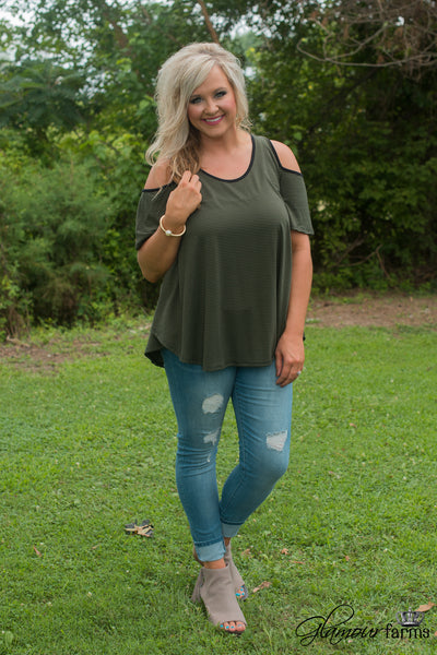 Curvy| Between You And Me Striped Top - Olive/Black