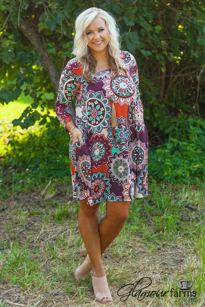 Curvy| Carson 3/4 Sleeve Print Tunic/Dress - Burgundy/Mint