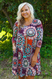 Curvy| Carson 3/4 Sleeve Print Tunic/Dress - Burgundy/Mint