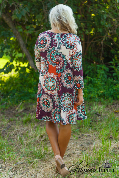 Curvy| Carson 3/4 Sleeve Print Tunic/Dress - Burgundy/Mint