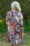 Curvy| Carson 3/4 Sleeve Print Tunic/Dress - Burgundy/Mint