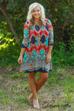 Curvy| Carson 3/4 Sleeve Print Tunic/Dress - Red