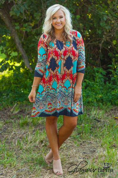 Curvy| Carson 3/4 Sleeve Print Tunic/Dress - Red