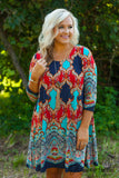 Curvy| Carson 3/4 Sleeve Print Tunic/Dress - Red