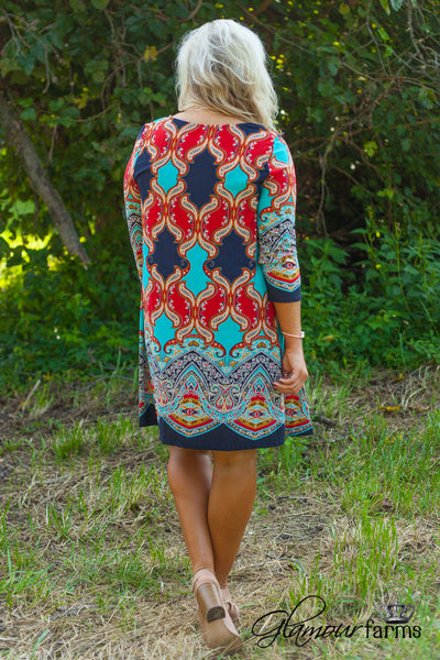Curvy| Carson 3/4 Sleeve Print Tunic/Dress - Red
