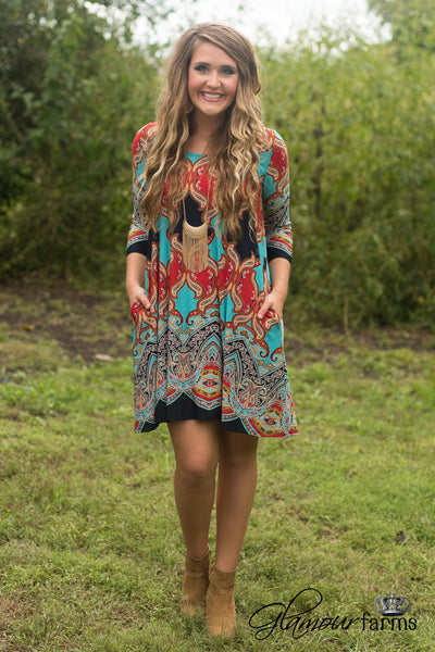Carson 3/4 Sleeve Print Tunic/Dress - Red