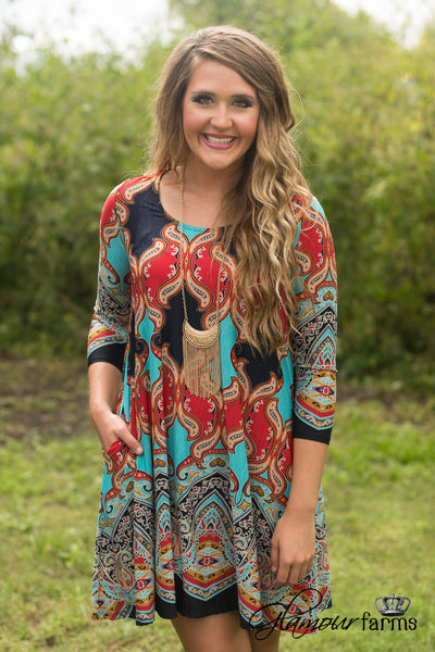 Carson 3/4 Sleeve Print Tunic/Dress - Red