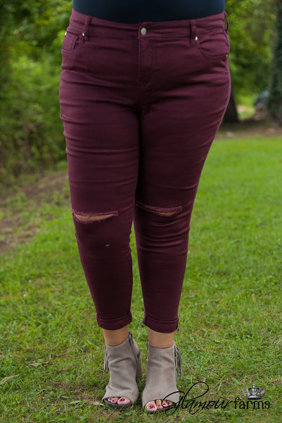 Curvy| Catherine Rolled Cuff Ankle Jean - Burgundy