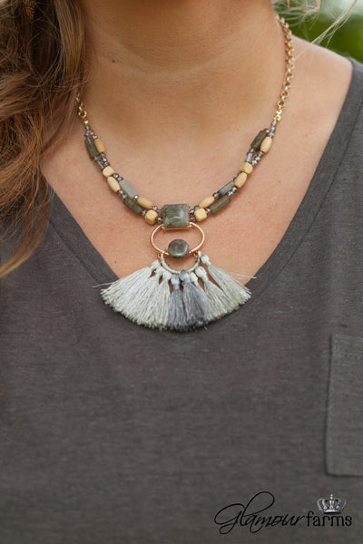 Claudine Stone Tassel Necklace - Gray/Worn Gold