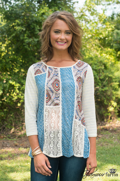 English Fields Top - Ivory/Blue