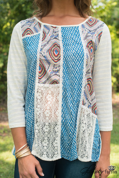 English Fields Top - Ivory/Blue