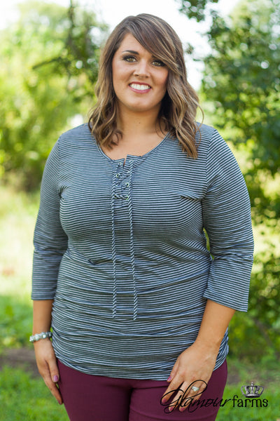 Curvy| Fall Into Line Striped Top/Tunic - Gray/Black