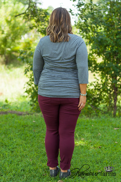 Curvy| Fall Into Line Striped Top/Tunic - Gray/Black