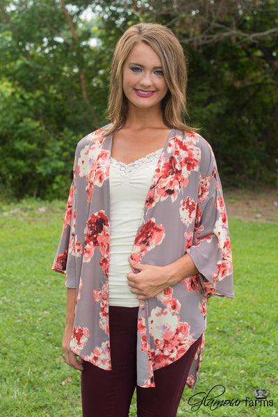 Floral Expressions Kimono - Mocha/Coral