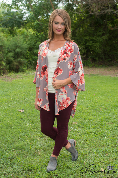 Floral Expressions Kimono - Mocha/Coral
