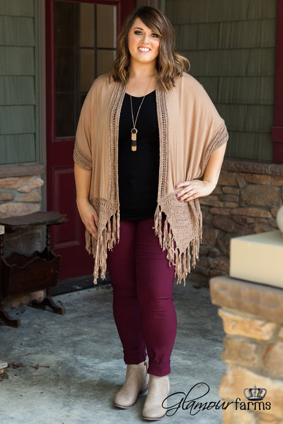Curvy| Heirloom Fringe Cardigan - Mocha