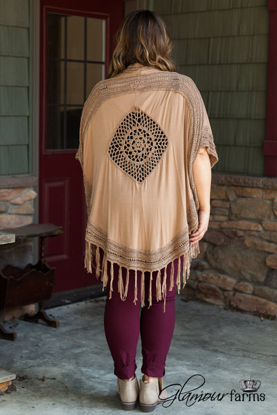 Curvy| Heirloom Fringe Cardigan - Mocha