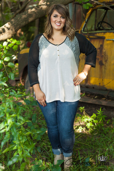 Curvy| Henley Lace Top - Tan/Black