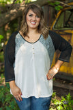 Curvy| Henley Lace Top - Tan/Black