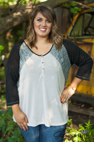 Curvy| Henley Lace Top - Tan/Black