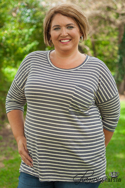 Curvy| Into Simplicity Striped Top - Charcoal