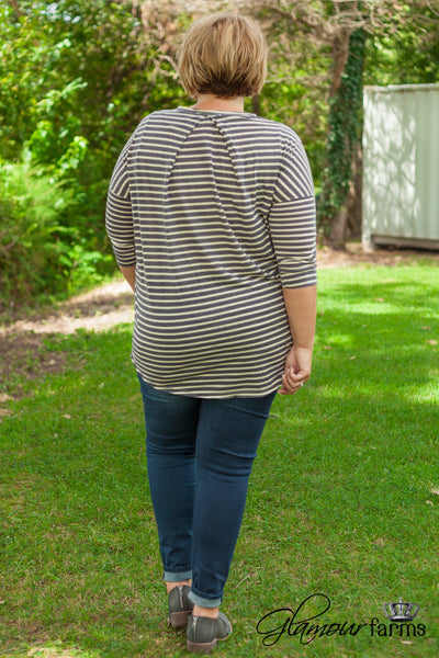 Curvy| Into Simplicity Striped Top - Charcoal
