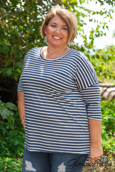 Curvy| Into Simplicity Striped Top - Navy