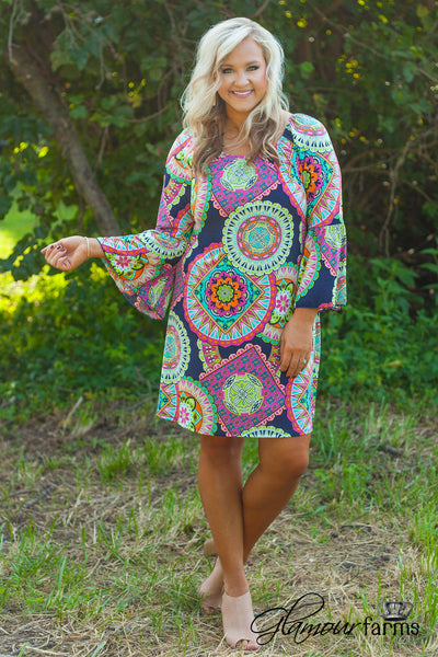 Curvy| Made You Look Dress - Navy/Multi