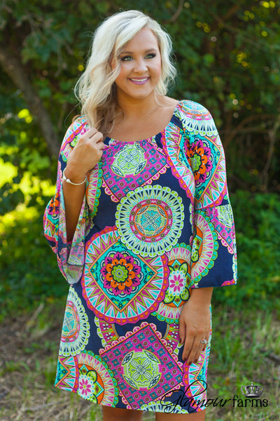 Curvy| Made You Look Dress - Navy/Multi