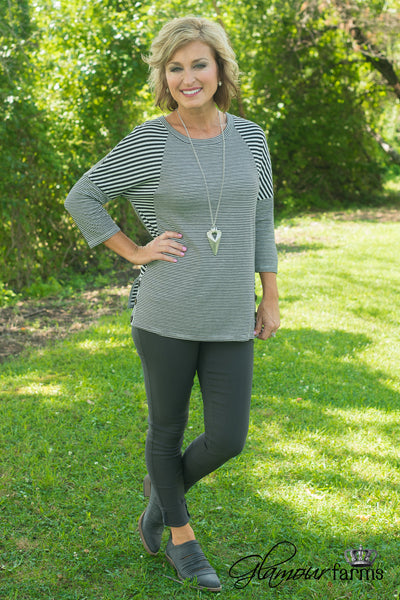 Mallory Button Top - Black Stripe