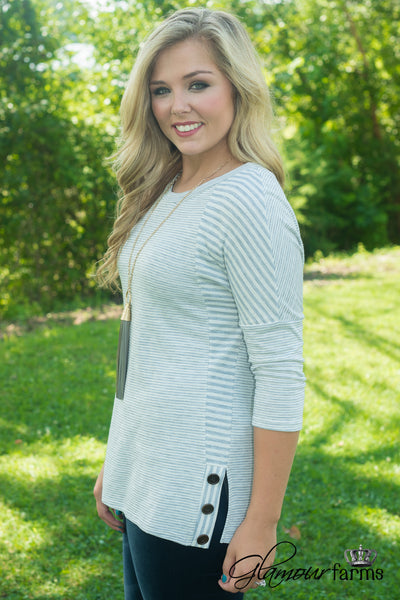 Mallory Button Top - Gray Stripe