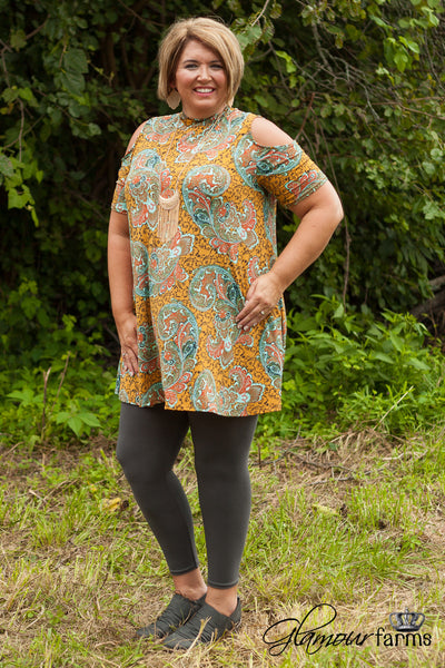 Curvy| Mixie Cold Shoulder Tunic/Dress - Mustard/Multi