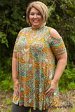 Curvy| Mixie Cold Shoulder Tunic/Dress - Mustard/Multi
