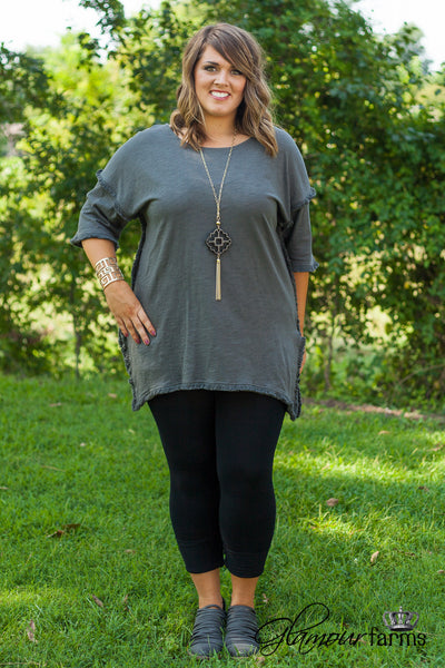 Curvy| On The Edge Fringe Tunic - Charcoal Gray