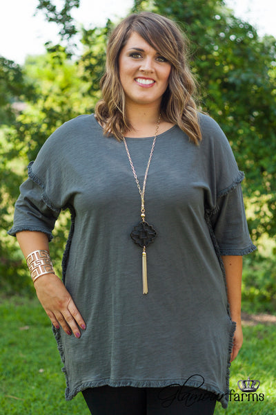 Curvy| On The Edge Fringe Tunic - Charcoal Gray