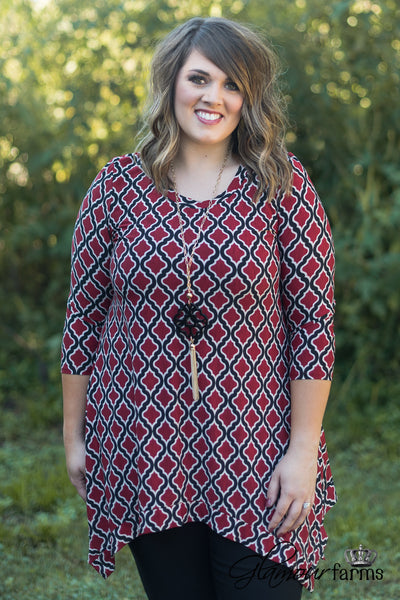Curvy| Pretty Please Lattice Tunic - Dark Red