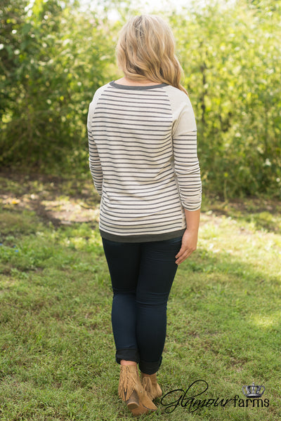 Stay Awhile Striped Top - Gray/Oatmeal