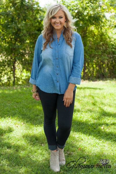 Curvy| True Blue Denim Shirt - Medium Wash