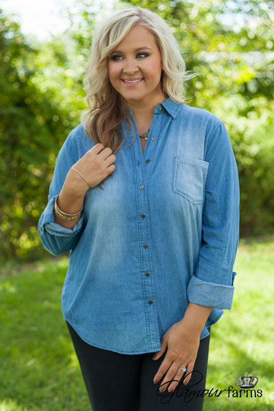 Curvy| True Blue Denim Shirt - Medium Wash