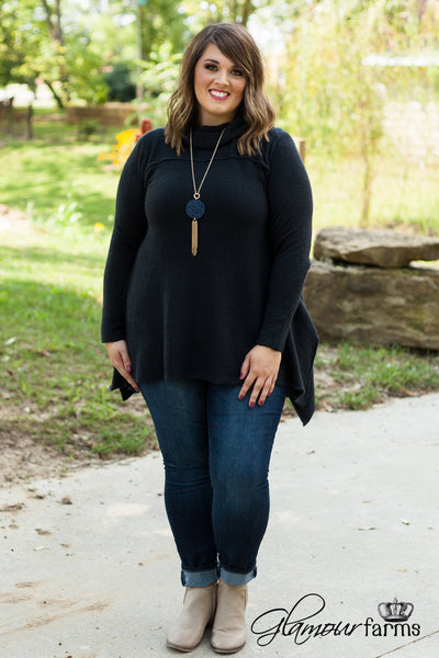 Curvy| Warm Hearts Cowl Neck Sweater - Black