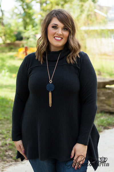 Curvy| Warm Hearts Cowl Neck Sweater - Black