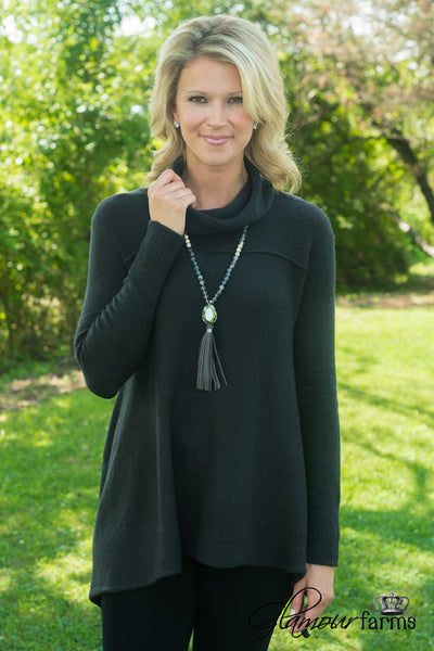 Warm Hearts Cowl Neck Sweater - Black