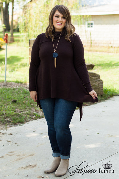 Curvy| Warm Hearts Cowl Neck Sweater - Dark Brown