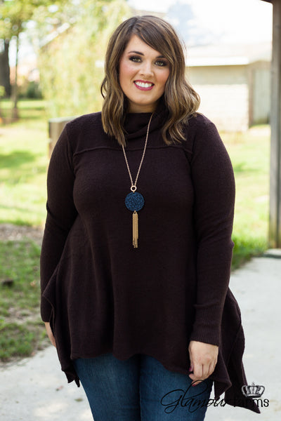 Curvy| Warm Hearts Cowl Neck Sweater - Dark Brown