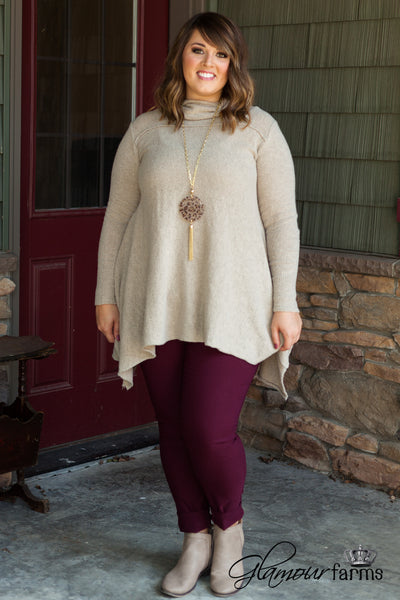 Curvy| Warm Hearts Cowl Neck Sweater - Taupe